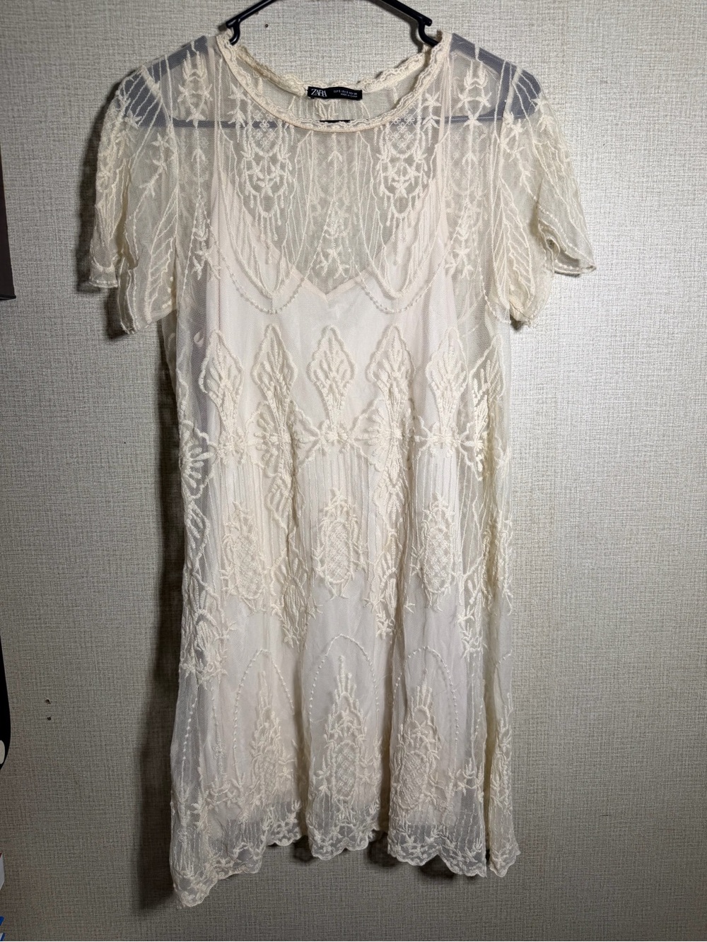 Zara Cream Lace Short Sleeve Women's Mini Dress w/ Cami Dress Under - Size S